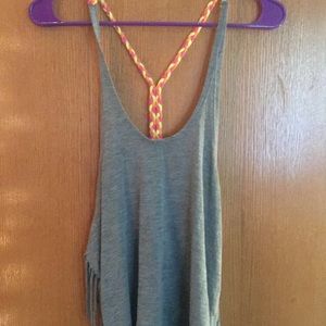 Grey/colorful braided fringe tank top